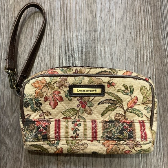 Longaberger Womens Quilted Brown Fall Leaves Floral Wristlet Pouch Wallet Zip - Picture 3 of 5